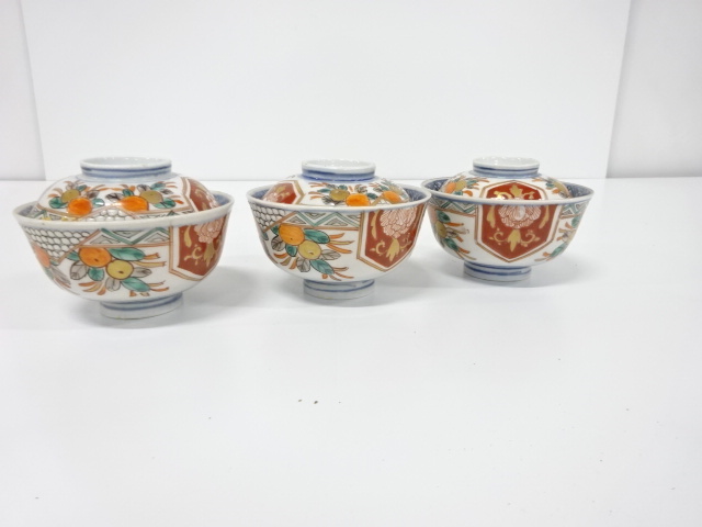 古伊万里　色絵　蓋茶碗　3客